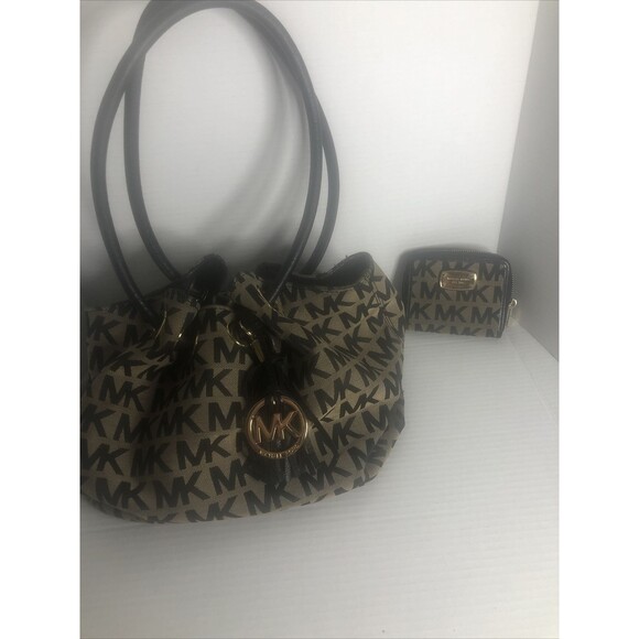 Michael Kors Jet Set Lg Gathered Tote Bag Purse Signature Brwn/black with Wallet - Picture 7 of 9